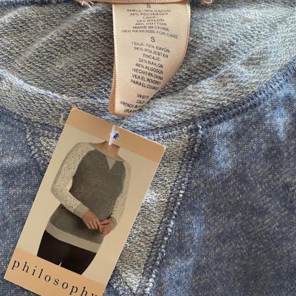 NWT PHILOSOPHY Women S French Terry Blue Heather Lace Pullover Sweatshirt TOP - Picture 8 of 8